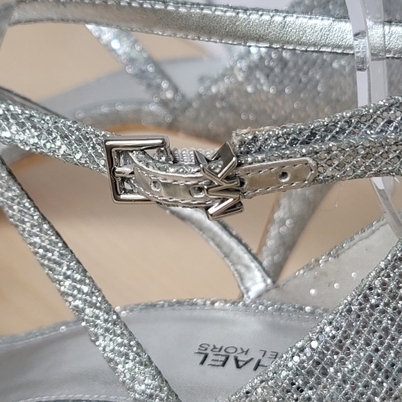 Michael Kors Ava Mid Heel Strappy Silver Glitter Sandals Heels PV19H Size 10M - Picture 15 of 16